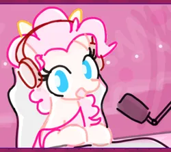 Size: 477x426 | Tagged: safe, artist:algoatall, ponerpics import, pinkie pie, earth pony, pony, female, gamer, gamer chair, happy, headphones, image, mare, microphone, pinktober, pinktober 2023, png, smiling, solo, streamer
