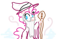 Size: 593x400 | Tagged: safe, artist:somethingatall, ponerpics import, pinkie pie, earth pony, pony, beard, cane, facial hair, female, hat, image, mare, pinktober, pinktober 2023, png, simple background, smiling, solo, white background, wizard, wizard hat, wizard robe