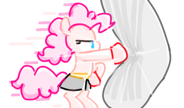 Size: 602x356 | Tagged: safe, artist:algoatall, ponerpics import, pinkie pie, earth pony, pony, boxing gloves, clothes, female, gloves, hitting, image, mare, pinktober, pinktober 2023, png, punching bag, shorts, simple background, solo, white background