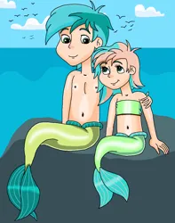 Size: 839x1063 | Tagged: safe, artist:ocean lover, derpibooru import, coral currents, sandbar, human, merboy, mermaid, merman, arm on shoulder, bandeau, bare midriff, bare shoulders, belly, belly button, boulder, brother and sister, chest, child, cloud, cute, female, fins, fish tail, friendship student, green eyes, green hair, human coloration, humanized, image, light skin, looking at each other, looking at someone, male, male and female, mermaid tail, mermaidized, mermanized, mermay, midriff, ms paint, ocean, outdoors, png, sibling bonding, sibling love, siblings, sitting, sky, sleeveless, smiling, smiling at each other, species swap, tail, tail fin, teenager, two toned hair, water, wave
