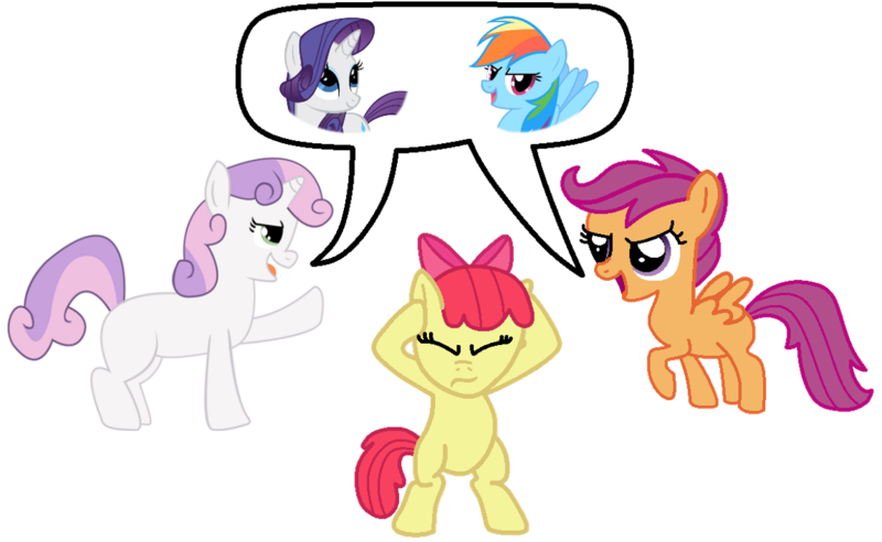 Size: 1180x726 | Tagged: safe, artist:princess-paige-place-of-fun, derpibooru import, apple bloom, rainbow dash, rarity, scootaloo, sweetie belle, earth pony, pegasus, pony, unicorn, argument, bipedal, bow, covering ears, cutie mark crusaders, debate, hair bow, horn, image, looking at each other, looking at someone, png, raised hoof, simple background, smiling, spread wings, transparent background, wings