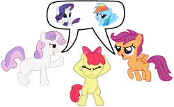 Size: 1180x726 | Tagged: safe, artist:princess-paige-place-of-fun, derpibooru import, apple bloom, rainbow dash, rarity, scootaloo, sweetie belle, earth pony, pegasus, pony, unicorn, argument, bipedal, bow, covering ears, cutie mark crusaders, debate, hair bow, horn, image, looking at each other, looking at someone, png, raised hoof, simple background, smiling, spread wings, transparent background, wings