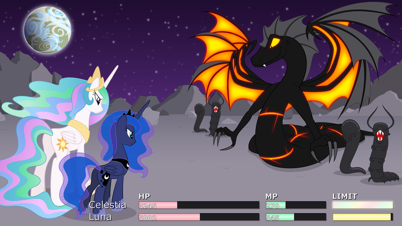 Size: 2819x1587 | Tagged: safe, artist:culu-bluebeaver, derpibooru import, princess celestia, princess luna, oc, oc:plague, alicorn, demon, pony, serpent, snake, comic:the six-winged serpent, claws, digital, digital art, fake screenshot, fangs, fight, health bars, image, moon, planet, png, space, vector, wings