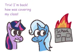 Size: 1411x1005 | Tagged: safe, artist:zoeyhorse, derpibooru import, trixie, twilight sparkle, twilight sparkle (alicorn), alicorn, pony, unicorn, burning, bust, dialogue, duo, duo female, female, horn, image, mare, open mouth, open smile, png, school, simple background, smiling, this ended in fire, white background