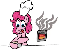 Size: 1808x1446 | Tagged: safe, artist:zoeyhorse, derpibooru import, pinkie pie, earth pony, pony, bowl, bust, chef's hat, female, fire, g4, hat, hoof hold, image, mare, mixing bowl, oven, png, simple background, smoke, solo, tongue out, white background