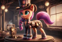 Size: 1216x832 | Tagged: safe, ai content, derpibooru import, machine learning generated, prompter:kluknawa235, stable diffusion, sunny starscout, pony, g5, hat, image, jpeg, light, smiling, standing, steam, steampunk, top hat, window, wooden floor