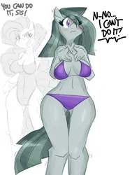 Size: 3000x3978 | Tagged: suggestive, artist:flutterthrash, derpibooru import, marble pie, pinkie pie, anthro, earth pony, plantigrade anthro, 2d, belly button, bikini, bikini bottom, bikini top, blushing, breasts, cleavage, clothes, curly hair, cutie mark, dialogue, female, g4, image, jpeg, legs, midriff, nervous, shaking, simple background, string bikini, swimsuit, thighs, underass, white background