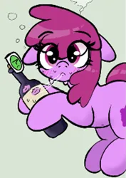 Size: 583x822 | Tagged: safe, artist:dowa, ponerpics import, berry punch, berryshine, earth pony, pony, alcohol, belly button, blushing, bottle, image, looking at you, magma.com, png, solo, sweat