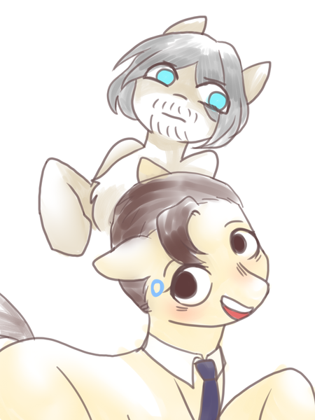 Size: 1500x2000 | Tagged: safe, artist:moshuijiumu, derpibooru import, ponified, earth pony, pony, blue eyes, brown hair, detroit: become human, duo, duo male, grey hair, image, male, necktie, open mouth, open smile, png, raised hoof, smiling, solo, teeth