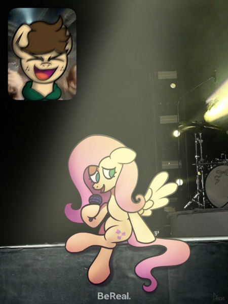 Size: 675x900 | Tagged: safe, artist:imlpidimon, derpibooru import, fluttershy, oc, oc:dimon, pegasus, pony, bereal., clothes, digital art, expressions, hoodie, image, light, meme, microphone, pegasus oc, png, scene, screaming fan meme, wings