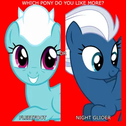 Size: 1080x1080 | Tagged: safe, artist:alicornoverlord, artist:sollace, derpibooru import, edit, editor:jaredking779, fleetfoot, night glider, pegasus, pony, duo, duo female, female, g4, image, jpeg, mare, question, red background, simple background