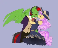 Size: 2591x2160 | Tagged: safe, artist:tomi_ouo, derpibooru import, oc, oc:lightning weather, oc:quickdraw, anthro, pegasus, arm freckles, blushing, clothes, commissioner:dhs, dancing, dress, eyeshadow, freckles, frilly dress, hat, image, kissing, makeup, necktie, png, shoulder freckles, suit, tuxedo