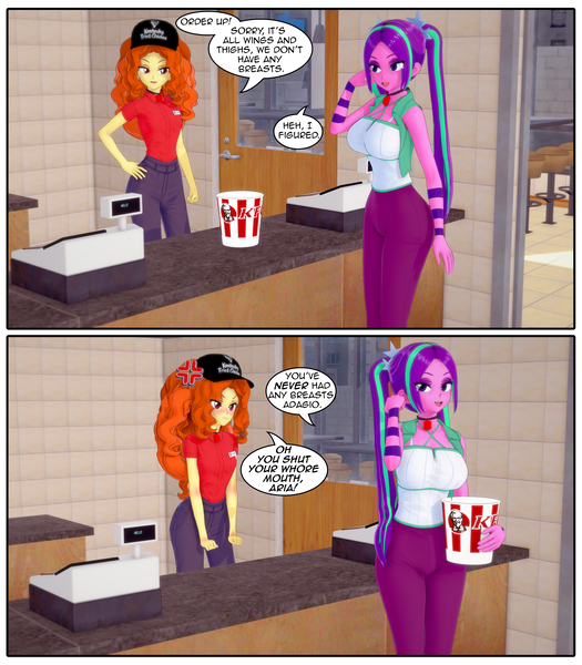 Size: 2637x3014 | Tagged: questionable, artist:misunderstoodsecrets, derpibooru import, adagio dazzle, aria blaze, human, equestria girls, 3d, big breasts, breast envy, breasts, busty aria blaze, clothes, comic, delicious flat chest, fast food, flatdagio dazzle, food, g4, image, kfc, koikatsu, png, small breasts, speech bubble, uniform, uniform hat, vulgar