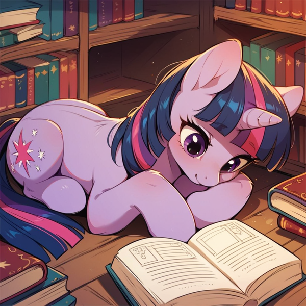 Size: 1024x1024 | Tagged: safe, ai content, derpibooru import, machine learning generated, prompter:doom9454, stable diffusion, twilight sparkle, pony, unicorn, book, cute, generator:pony diffusion v6 xl, image, library, lying down, png, reading, unicorn twilight