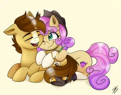 Size: 2048x1605 | Tagged: safe, artist:galaxy swirl, derpibooru import, oc, oc:quickdraw, oc:wishy, boot, cowboy hat, cream snoot, cuddling, cute, freckles, handkerchief, happy, hat, hoof ring, hug, image, markings, png, smiling, spurs