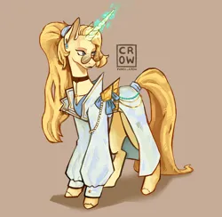 Size: 2784x2713 | Tagged: safe, artist:fungi_crow, derpibooru import, oc, oc:smoky citrine, unicorn, clothes, commissioner:dhs, ear piercing, earring, fancy, glasses, gold, hair tie, horn, image, jacket, jewelry, long hair, magic, magic aura, piercing, png, ponytail, tail tie