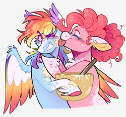 Size: 1246x1161 | Tagged: safe, artist:wanderingpegasus, derpibooru import, pinkie pie, rainbow dash, earth pony, pegasus, pony, batter, blaze (coat marking), blushing, bowl, chest fluff, coat markings, colored ears, colored hooves, colored wings, duo, duo female, ear fluff, eyebrows, eyebrows visible through hair, face licking, facial markings, female, food, g4, image, lesbian, licking, mare, multicolored wings, pinkiedash, png, rainbow wings, redraw, shipping, simple background, smiling, socks (coat marking), spoon, sprinkles in hair, tongue out, unshorn fetlocks, white background, wings