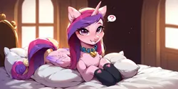 Size: 2400x1200 | Tagged: safe, ai content, derpibooru import, machine learning generated, prompter:greesys, princess cadance, alicorn, bed, image, png, question mark, solo