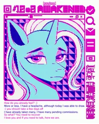 Size: 2400x3000 | Tagged: safe, artist:poxy_boxy, derpibooru import, trixie, pony, unicorn, bust, female, frown, g4, horn, image, jpeg, lidded eyes, limited palette, looking at you, mare, solo, text