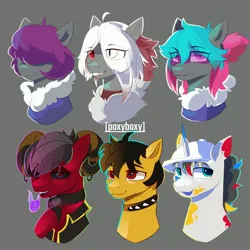 Size: 4096x4096 | Tagged: safe, artist:poxy_boxy, derpibooru import, oc, unofficial characters only, bat pony, pony, unicorn, bat pony oc, bat wings, black sclera, bust, choker, clothes, coat, eye clipping through hair, eyebrows, eyebrows visible through hair, fire, fire breath, fur collar, gray background, grin, hair over eyes, hair over one eye, hard hat, hat, hoof on chest, horn, image, jpeg, looking at you, open mouth, open smile, paint, simple background, slit pupils, smiling, smiling at you, spiked choker, two toned mane, wings