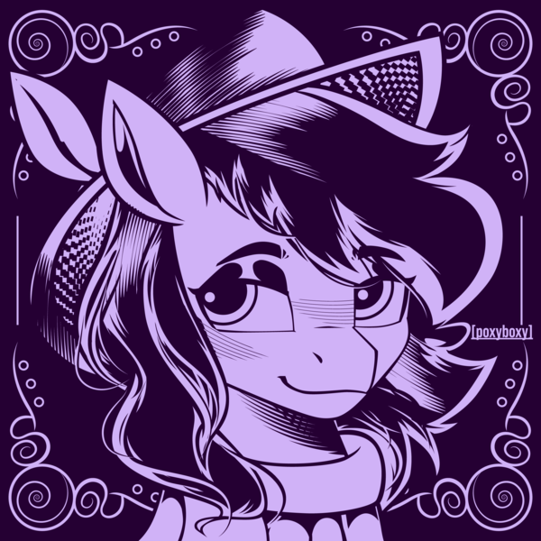 Size: 2400x2400 | Tagged: safe, artist:poxy_boxy, derpibooru import, oc, unofficial characters only, earth pony, pony, bust, hat, image, lidded eyes, monochrome, png, purple background, purplescale, simple background, smiling, solo