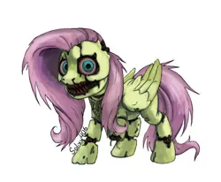 Size: 462x381 | Tagged: safe, artist:solixy406, derpibooru import, fluttershy, pegasus, pony, robot, robot pony, animatronic, bib, broken, chica, crossover, cyan eyes, female, five nights at freddy's, five nights at freddy's 4, horror, image, jpeg, looking at you, mare, messy mane, messy tail, missing ear, missing limb, nightmarified, pink mane, roboticization, scar, scary, sharp teeth, signature, simple background, spooky, tail, teeth, video game, video game crossover, white background, wings, withered, yellow coat