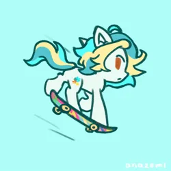 Size: 1000x1000 | Tagged: safe, artist:laymy, derpibooru import, oc, unofficial characters only, earth pony, pony, chibi, image, jpeg, looking back, raised hoof, raised leg, simple background, skateboard, solo, standing on two hooves, teal background