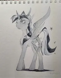 Size: 1619x2048 | Tagged: safe, artist:laymy, derpibooru import, twilight sparkle, twilight sparkle (alicorn), alicorn, pony, crown, female, grayscale, image, jewelry, jpeg, looking up, mare, monochrome, regalia, solo, spread wings, traditional art, wings