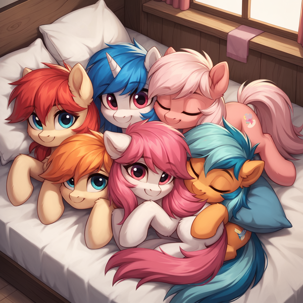 Size: 1536x1536 | Tagged: safe, ai content, derpibooru import, generator:bluefox mix, machine learning generated, stable diffusion, earth pony, pony, unicorn, bed, colt, cuddle puddle, cuddling, cute, daaaaaaaaaaaw, ear fluff, eyebrows, eyebrows visible through hair, eyes closed, female, filly, foal, group, horn, image, indoors, laying on bed, looking at you, lying down, male, on bed, overhead view, pillow, png, pony pile, prompter:tyto4tme4l, sextet, smiling, smiling at you, window, wood