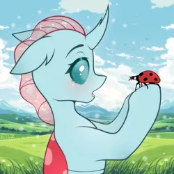 Size: 2500x2500 | Tagged: safe, artist:etoz, derpibooru import, ocellus, changedling, changeling, insect, ladybug, :o, blushing, cloud, cute, eyebrows, female, grass, half body, holding, horn, image, looking at each other, looking at someone, ooh, open mouth, png, raised eyebrow, raised eyebrows, sky