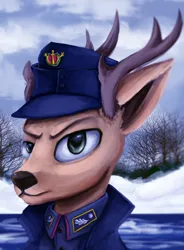 Size: 2516x3425 | Tagged: safe, artist:ryanmandraws, derpibooru import, oc, oc:lauri virta, unofficial characters only, deer, equestria at war mod, antlers, bust, cap, clothes, hat, image, military uniform, ocean, png, portrait, snow, solo, tree, uniform, water