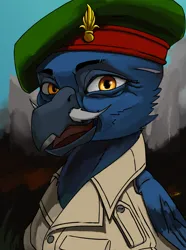 Size: 3120x4200 | Tagged: safe, artist:neither, derpibooru import, oc, oc:charles-daniel de mareon, unofficial characters only, gryphon, equestria at war mod, beak, beret, bust, clothes, facial hair, hat, image, moustache, open beak, open mouth, png, portrait, solo