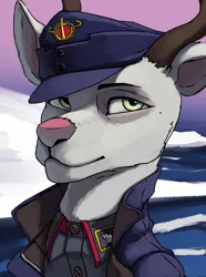 Size: 3120x4200 | Tagged: safe, artist:neither, derpibooru import, oc, oc:fredrik haataja, unofficial characters only, deer, equestria at war mod, antlers, bust, cap, clothes, hat, image, military uniform, png, portrait, snow, solo, uniform, water