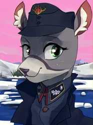 Size: 1560x2100 | Tagged: safe, artist:egil, derpibooru import, oc, oc:ilma anjanen, unofficial characters only, deer, equestria at war mod, bust, cap, clothes, hat, ice, image, military uniform, png, portrait, snow, solo, uniform