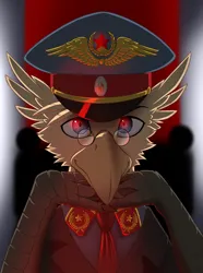 Size: 2000x2692 | Tagged: safe, artist:twotail813, derpibooru import, oc, oc:grover vi, unofficial characters only, gryphon, equestria at war mod, bust, cap, clothes, communism, gendo pose, glasses, hat, image, necktie, png, portrait, red star, solo