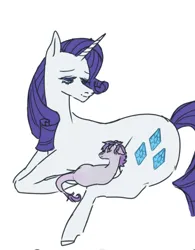 Size: 714x915 | Tagged: safe, artist:cherrezzart, derpibooru import, rarity, oc, oc:treasure, dracony, hybrid, pony, unicorn, duo, female, foal, horn, image, interspecies offspring, jpeg, lying down, mama rarity, mare, mother and child, mother and daughter, offspring, parent:rarity, parent:spike, parents:sparity, prone, simple background, sleeping, white background