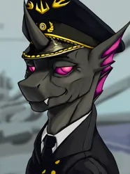 Size: 3120x4200 | Tagged: safe, artist:neither, derpibooru import, oc, oc:lysander, unofficial characters only, changeling, equestria at war mod, admiral, bust, cap, clothes, fangs, hat, image, male, military uniform, necktie, png, portrait, ship, solo, uniform