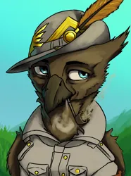 Size: 3120x4200 | Tagged: safe, artist:neither, derpibooru import, oc, oc:gaolo caccia gominioni, unofficial characters only, gryphon, equestria at war mod, bust, clothes, feather, griffonized, hat, image, military uniform, paolo caccia dominioni, pipe, png, portrait, smoke, solo, species swap, uniform