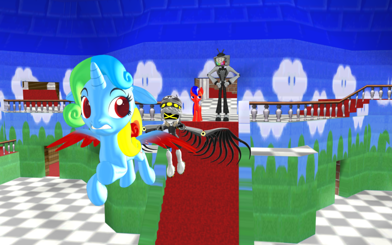 Size: 1920x1200 | Tagged: safe, artist:puzzlshield2, derpibooru import, oc, oc:kori johnson, oc:puzzle shield, alicorn, earth pony, pony, 3d, alicorn oc, chase, colored wings, crossover, flying, heartwarming, horn, image, mmd, mr. puzzles (smg4), murder drones, panic attack, png, render, smg4, story included, super mario 64, super mario bros., wings