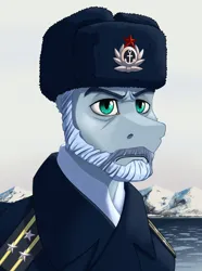 Size: 2000x2692 | Tagged: safe, artist:twotail813, derpibooru import, oc, oc:grey gorshkov, unofficial characters only, earth pony, pony, equestria at war mod, admiral, beard, bust, clothes, facial hair, hat, image, military uniform, moustache, ocean, png, portrait, solo, uniform, water