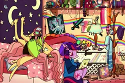 Size: 2048x1369 | Tagged: safe, artist:laps-sp, derpibooru import, fluttershy, twilight sparkle, ponified, pegasus, pony, unicorn, 3ds, antonymph, beanie, bedroom, clothes, coat rack, companion cube, computer, dexterous hooves, duo, duo female, female, fluttgirshy, gir, hat, hatsune miku, hoodie, hoof hold, image, invader zim, jpeg, laptop computer, lesbian, lesbian pride flag, lying down, mare, minecraft, on back, portal (valve), poster, pride, pride flag, rainbow, ship:twishy, shipping, sitting, spread wings, sword, unicorn twilight, vocaloid, vylet pony, weapon, wings