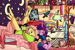 Size: 2048x1369 | Tagged: safe, artist:laps-sp, derpibooru import, fluttershy, twilight sparkle, ponified, pegasus, pony, unicorn, 3ds, antonymph, beanie, bedroom, clothes, coat rack, companion cube, computer, dexterous hooves, duo, duo female, female, fluttgirshy, gir, hat, hatsune miku, hoodie, hoof hold, image, invader zim, jpeg, laptop computer, lesbian, lesbian pride flag, lying down, mare, minecraft, portal (valve), poster, pride, pride flag, prone, rainbow, ship:twishy, shipping, sitting, spread wings, sword, unicorn twilight, vocaloid, vylet pony, weapon, wings