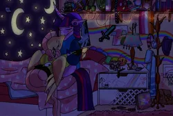 Size: 2048x1369 | Tagged: safe, artist:laps-sp, derpibooru import, fluttershy, twilight sparkle, ponified, pegasus, pony, unicorn, antonymph, beanie, bed, bedroom, clothes, coat rack, companion cube, computer, duo, duo female, eyes closed, female, fluttgirshy, gir, hat, hatsune miku, hoodie, hoof hold, image, invader zim, jpeg, kiss on the lips, kissing, laptop computer, lesbian, lesbian pride flag, mare, minecraft, on bed, portal (valve), poster, pride, pride flag, rainbow, ship:twishy, shipping, spread wings, sword, unicorn twilight, vocaloid, vylet pony, weapon, wings