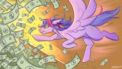 Size: 3500x2000 | Tagged: safe, artist:z0ri0n, derpibooru import, oc, unofficial characters only, pegasus, pony, dollar, flying, image, money, png, purple, running, solo, wings