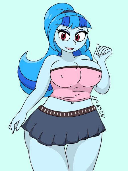 Size: 3000x4000 | Tagged: suggestive, artist:c_w, derpibooru import, sonata dusk, equestria girls, belly button, breasts, busty sonata dusk, cleavage, clothes, erect nipples, eyelashes, eyeshadow, g4, image, jpeg, looking at you, makeup, nipple outline, open mouth, plump, sexy, skirt, smiling, smiling at you, thighs