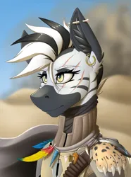 Size: 2000x2692 | Tagged: safe, artist:twotail813, derpibooru import, oc, oc:shaka khan, unofficial characters only, zebra, equestria at war mod, bust, clothes, ear fluff, ear piercing, earring, feather, horn, image, jewelry, paws, piercing, png, portrait, scar, solo, tooth