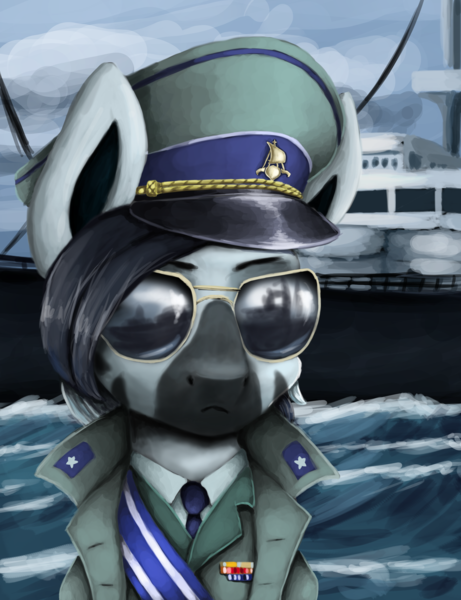 Size: 2152x2800 | Tagged: safe, artist:ryanmandraws, derpibooru import, oc, oc:ceyda vatosoa, unofficial characters only, zebra, equestria at war mod, boat, bust, cap, clothes, hat, image, military uniform, necktie, ocean, png, portrait, solo, sunglasses, uniform, water