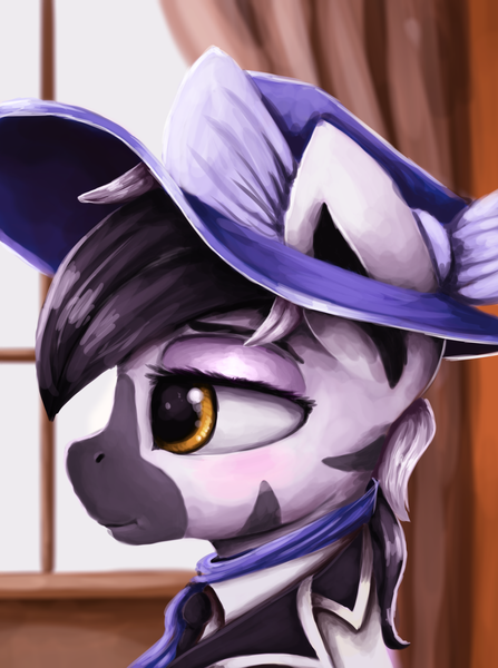 Size: 2084x2800 | Tagged: safe, artist:ryanmandraws, derpibooru import, oc, oc:ceyda vatosoa, unofficial characters only, zebra, equestria at war mod, bust, clothes, curtains, hat, image, necktie, png, portrait, solo, window