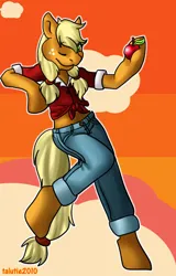 Size: 650x1016 | Tagged: safe, artist:tarutie, derpibooru import, applejack, anthro, earth pony, unguligrade anthro, apple, arm hooves, female, food, front knot midriff, holding, image, jpeg, looking at you, midriff, one eye closed, solo, wink