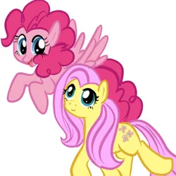Size: 500x500 | Tagged: safe, artist:vece, derpibooru import, fluttershy, pinkie pie, earth pony, pegasus, pony, duo, earth pony fluttershy, female, flying, image, mare, pegasus pinkie pie, png, race swap, simple background, smiling, white background